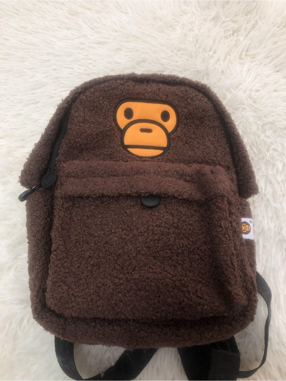 Bape Brown Sherpa Backpack with Orange Ape Face